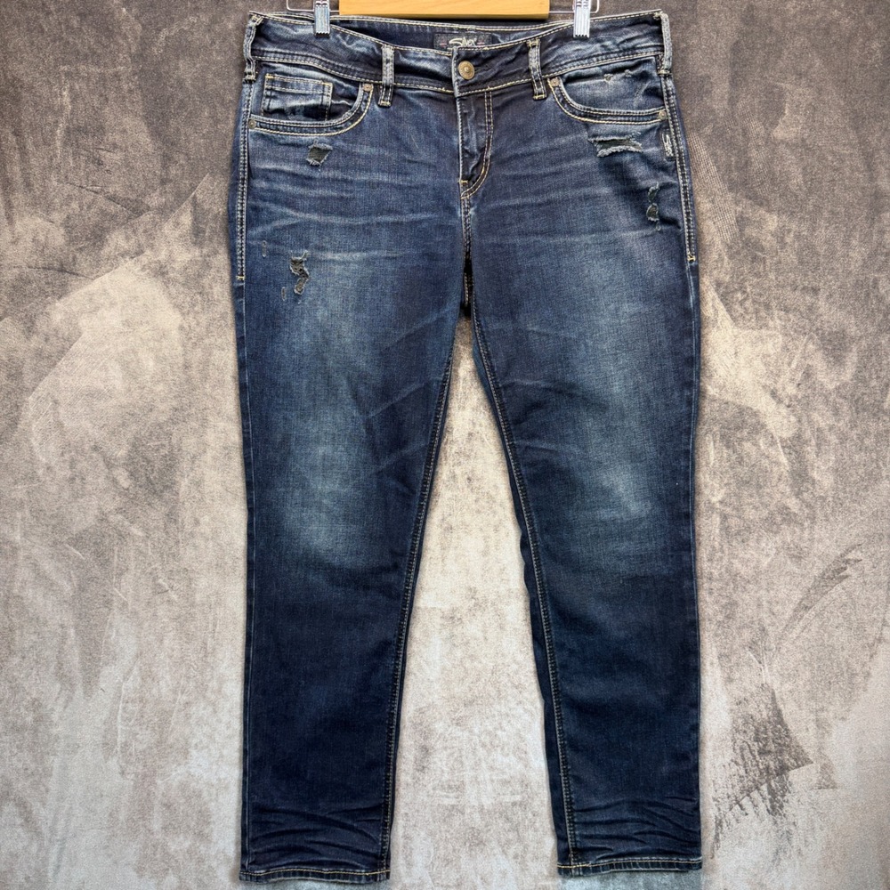 Silver Jeans Co Jeans Womens 33 Blue Cotton Suki Straight Mid Rise Distressed